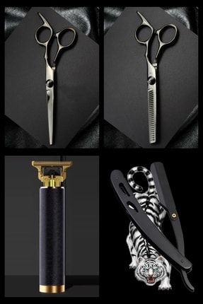 Shave R4 Tıraş Makinesi + U3 Ustura + M8 Kesme + Inceltme Makas Set - 6inç/15 Cm R4U3M8BLCK