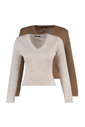 TRENDYOLMİLLA Kahverengi-Taş Basic 2'li Paket Triko Kazak TWOAW22KZ1764