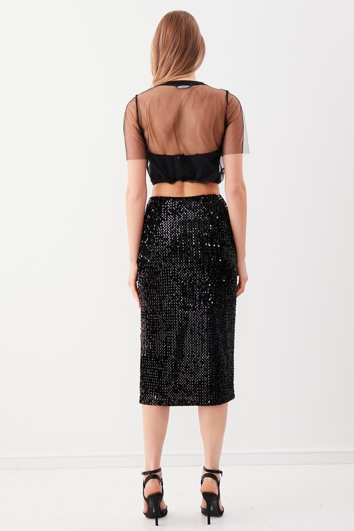Vitrin Sequined Pencil Skirt with Side Slits Trendyol