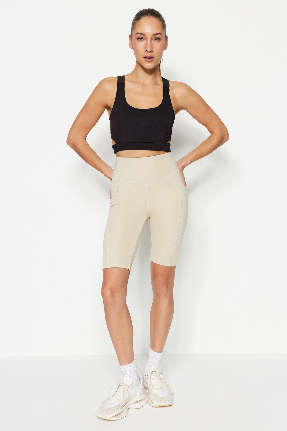 Trendyol Collection-Beige Recovery-Strick-Sport-Biker-/Radfahrer-Leggings mit hoher Taille und Tasche und detaillierten Details TWOAW21TA0064 2