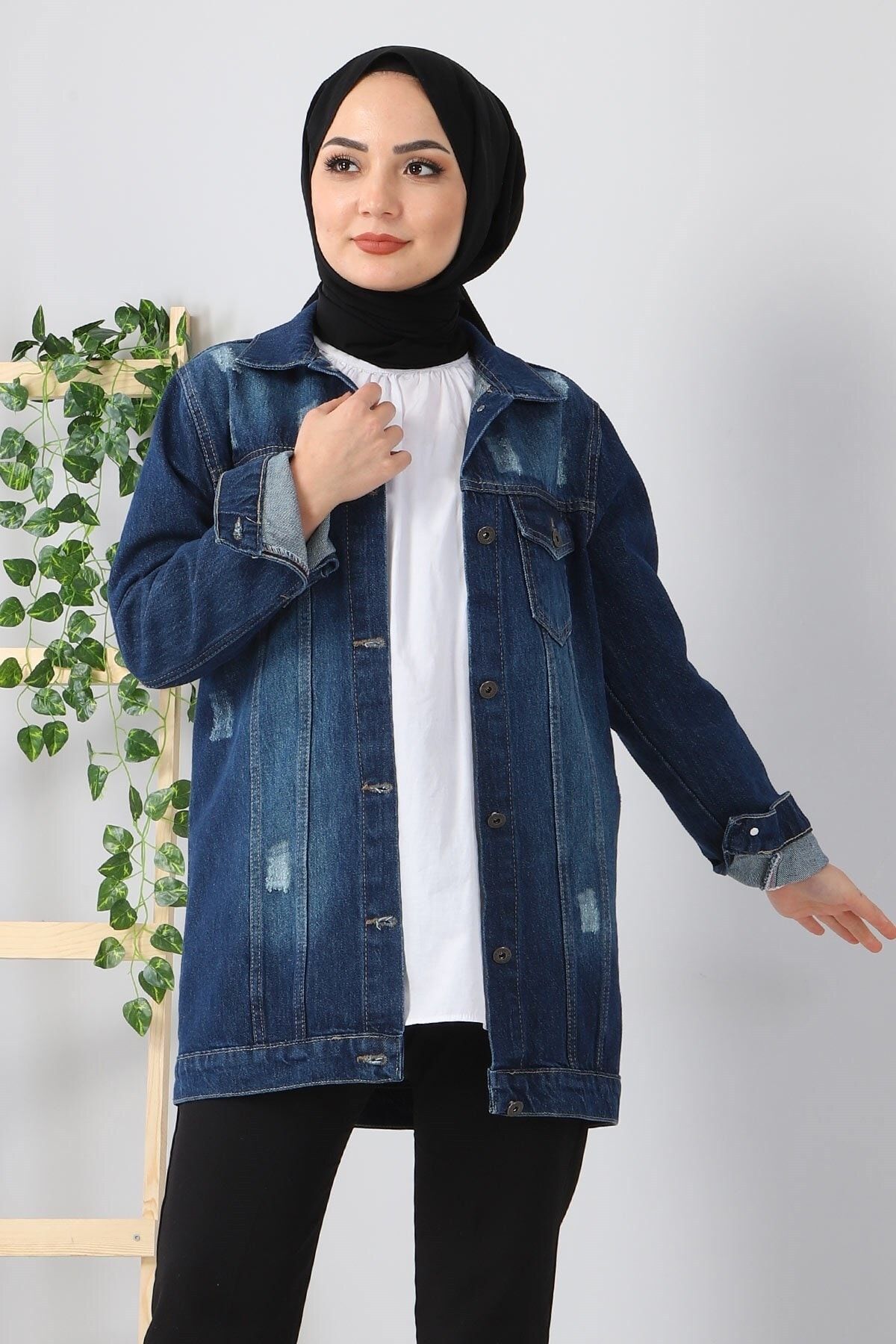 ModaMihram Buttoned Denim Jacket Dark Denim 6009 Trendyol
