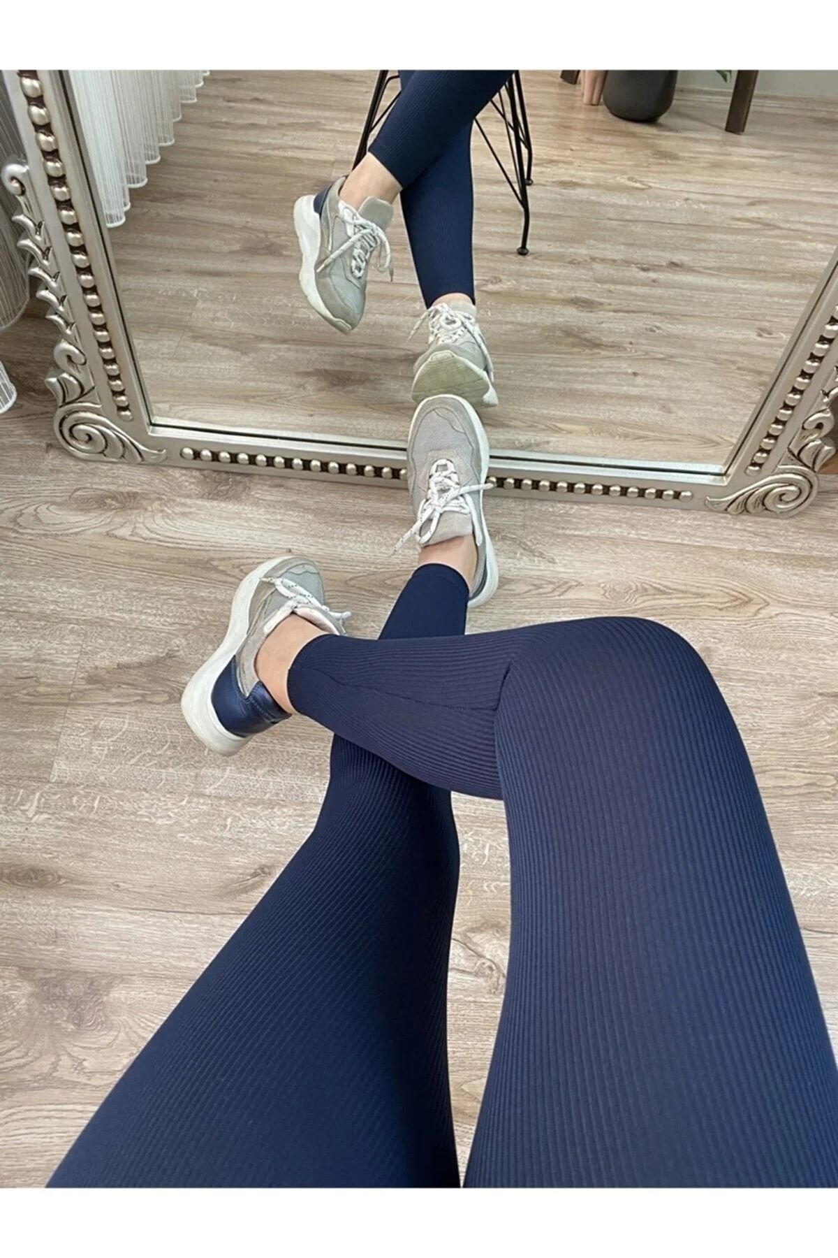 Swana Navy Blue Ribbed Seamless Striped Leggings High Waist