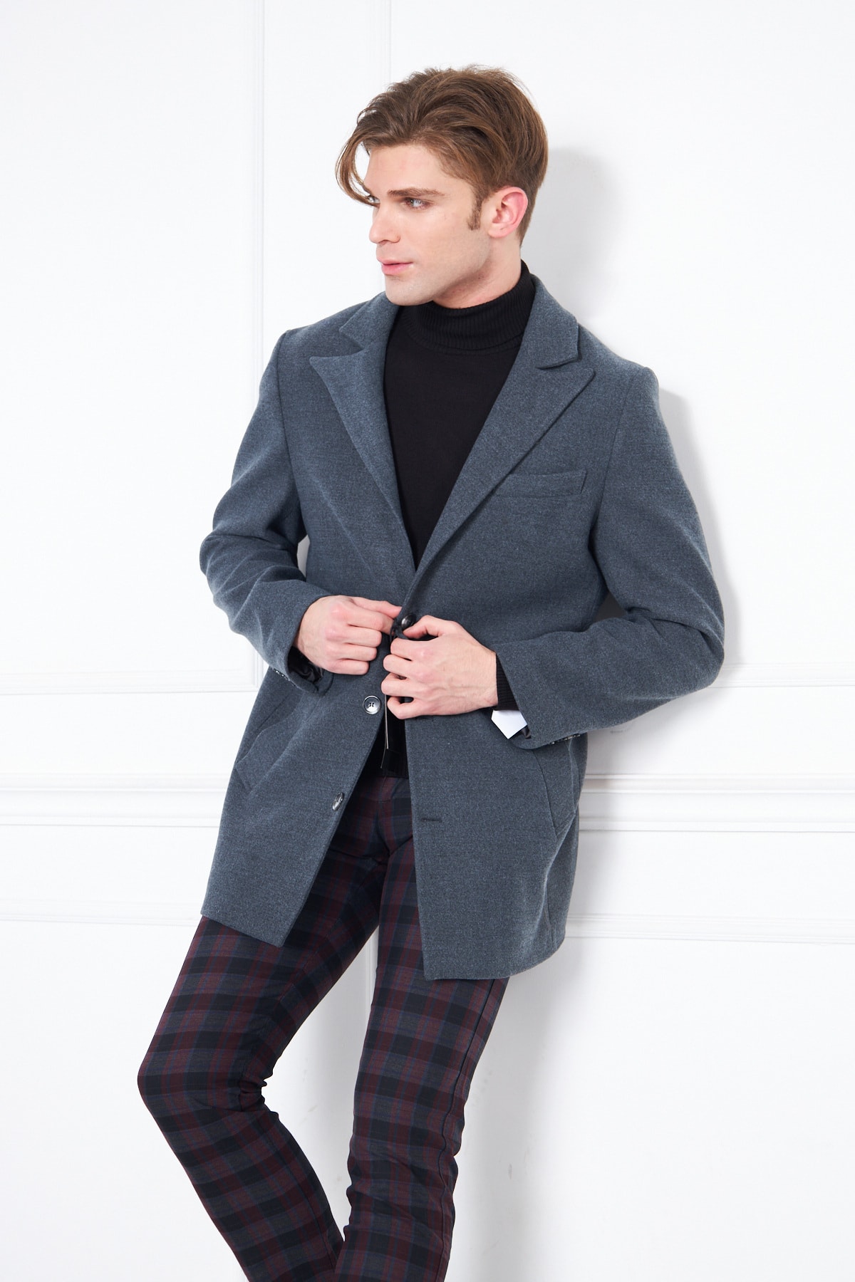  کاپشن مردانه یقه تیز و باریک آنتراسیت دکمه‌دار