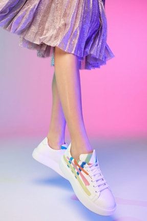 Kadın Deri Renkli Şeritli Sneaker 22SFD132518