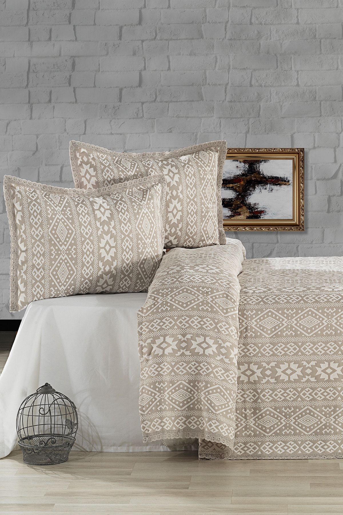 Evlen Home Collection Pamuklu Noir Çift Kişilik Pike Takımı Yatak Örtüsü (3 Parça) Gri