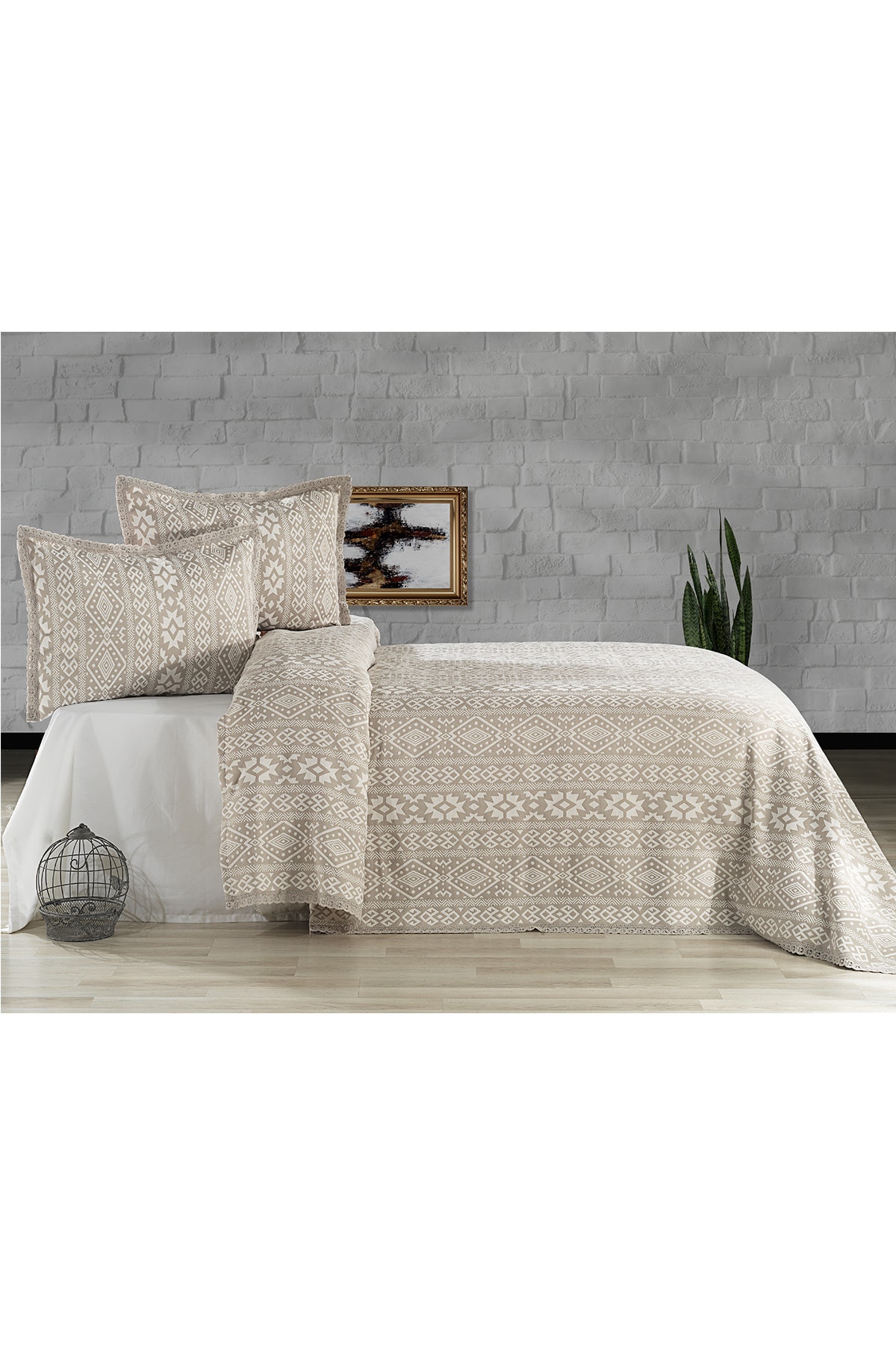 Evlen Home Collection Pamuklu Noir Çift Kişilik Pike Takımı Yatak Örtüsü (3 Parça) Gri 4