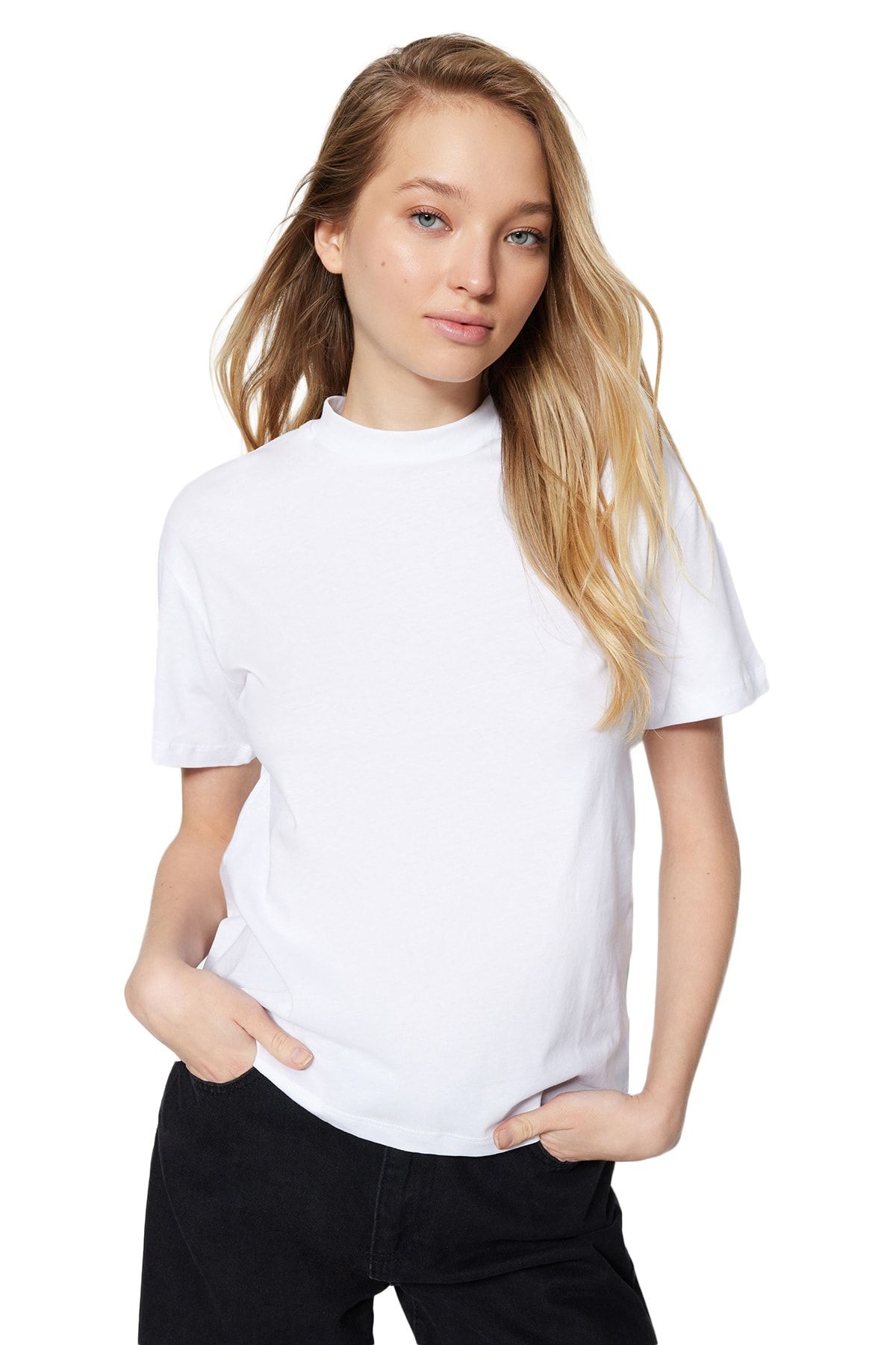 Trendyol Collection Weiß-Schwarzes Trendyol - Baumwolle mit Stehkragen 2er-Pack Basic-Strick-T-Shirts 100 aus % TWOSS20TS1500