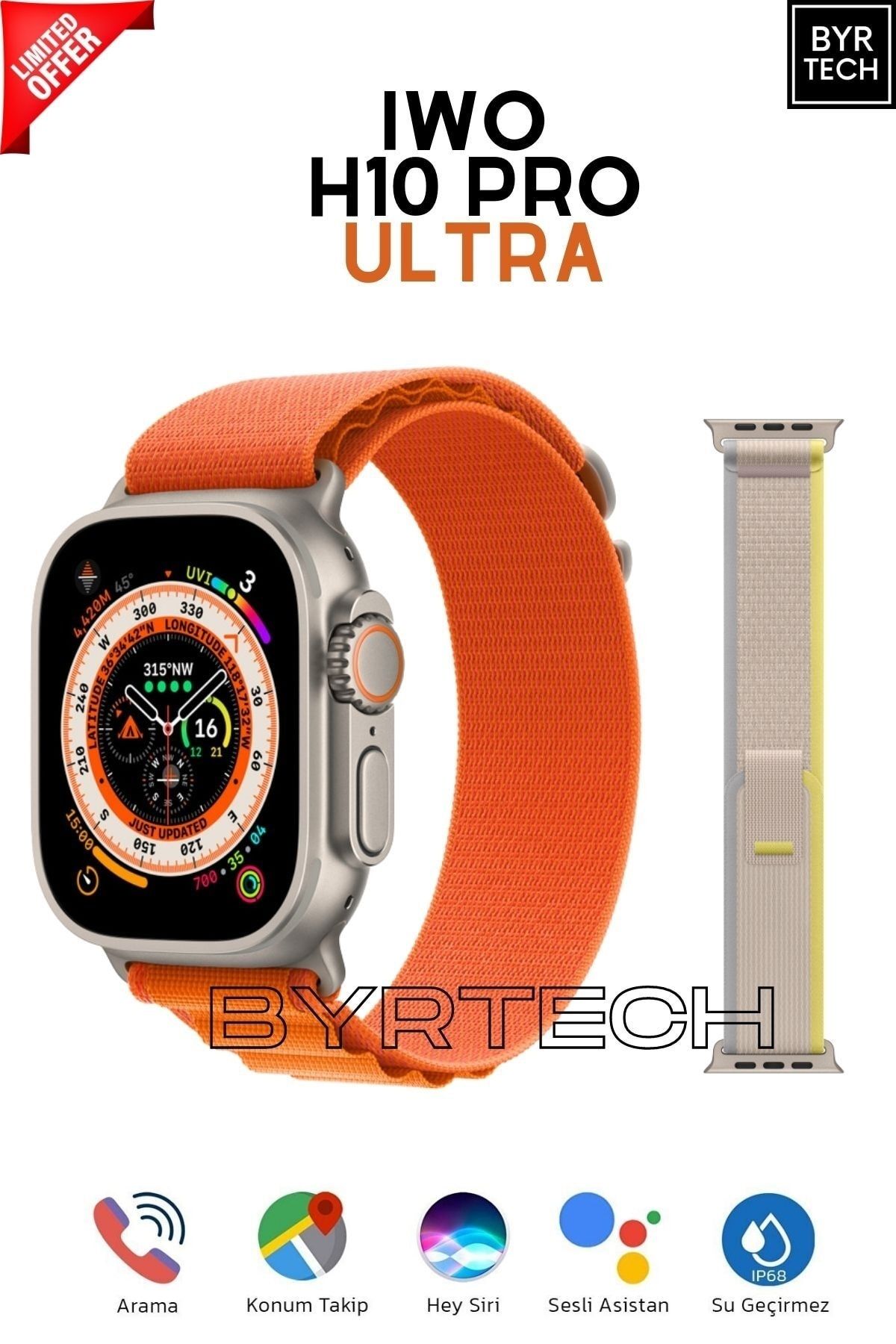 BYRTECH Iwo H10 Pro Watch 8 Uyumlu Ultra Kordon Kilitli 2.05 Ekran Akıllı 49 mm Akıllı Saat