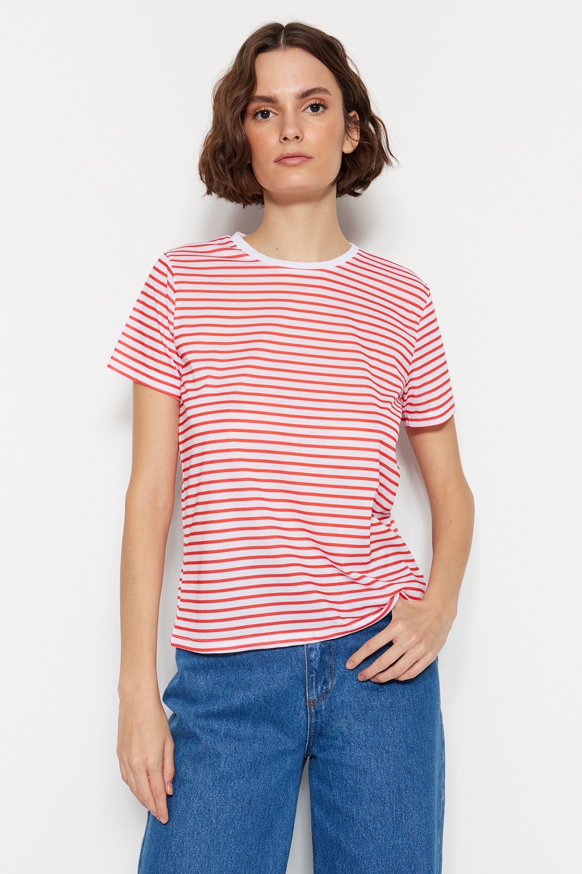 Trendyolmilla  Kırmızı-Kırmızı Çizgili 2'li Paket Basic Bisiklet Yaka Örme T-Shirt TWOSS20TS0141 - Görsel 3