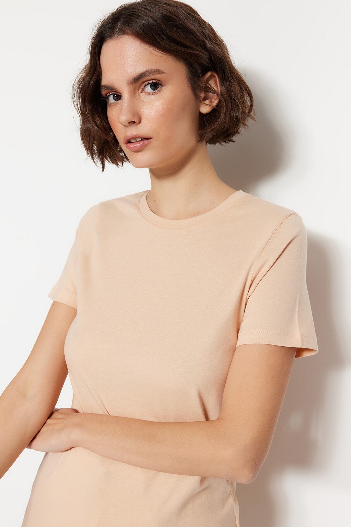 Trendyol Collection-Кафяво-бежова 100% памучна трикотажна тениска с кръгло деколте TWOSS20TS0141 12