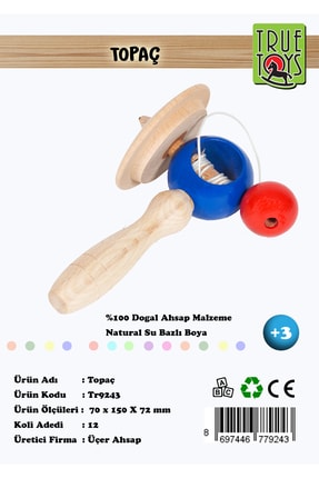 True Toys Ahşap Saplı Renkli Topaç (ipli Çekmeli)