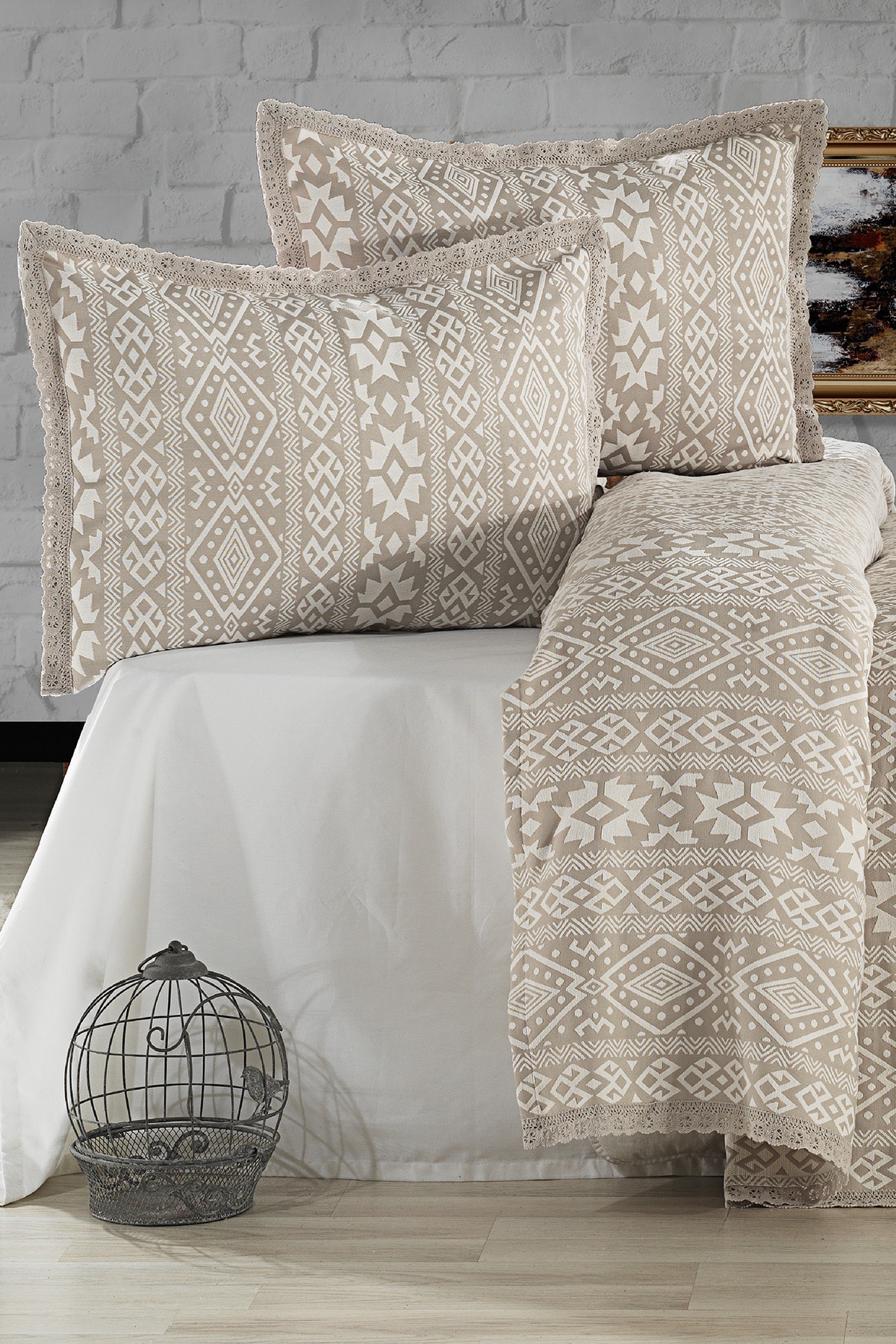 Evlen Home Collection Pamuklu Noir Çift Kişilik Pike Takımı Yatak Örtüsü (3 Parça) Gri 2