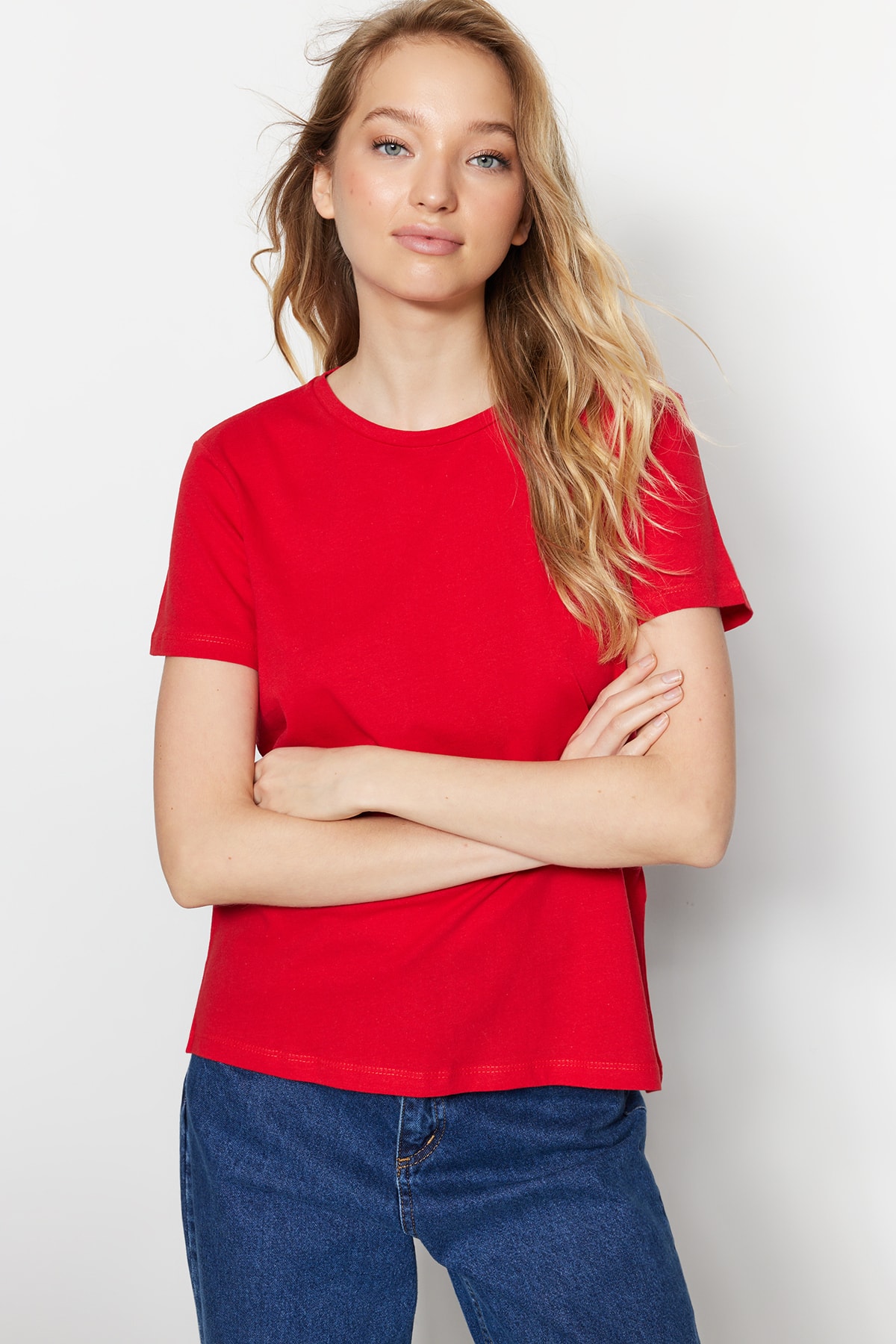 Trendyolmilla  Kırmızı-Kırmızı Çizgili 2'li Paket Basic Bisiklet Yaka Örme T-Shirt TWOSS20TS0141 - Görsel 4