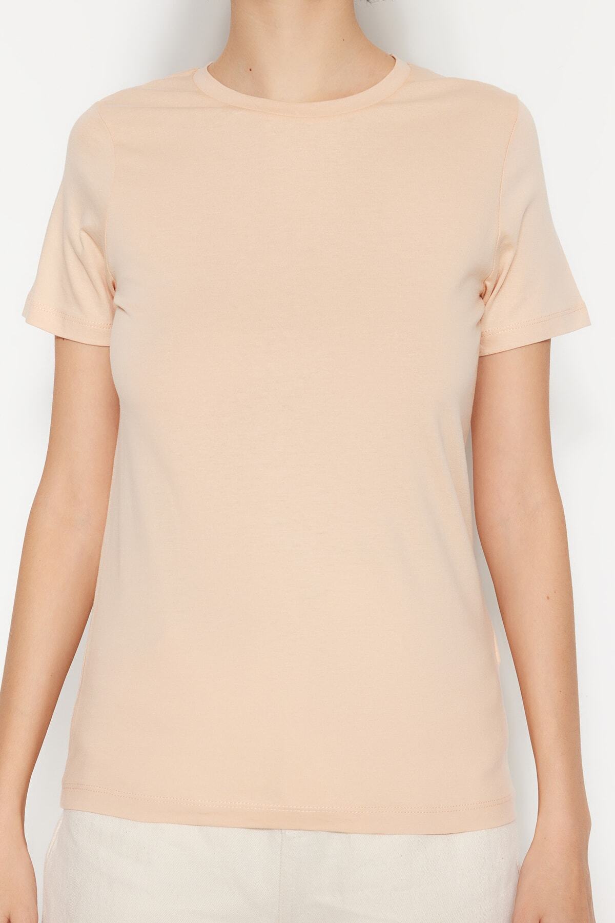 Trendyol Collection-Кафяво-бежова 100% памучна трикотажна тениска с кръгло деколте TWOSS20TS0141 6