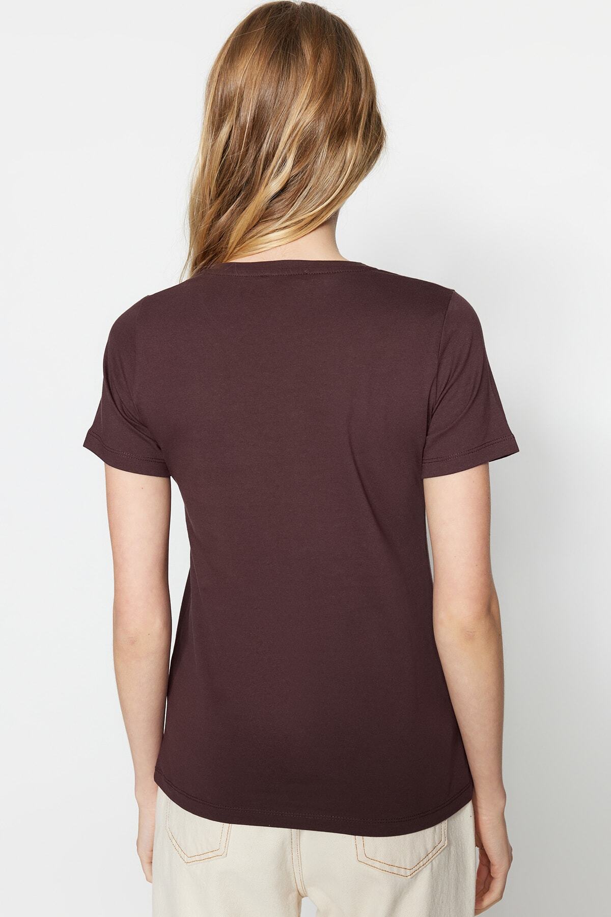 Trendyol Collection-Кафяво-бежова 100% памучна трикотажна тениска с кръгло деколте TWOSS20TS0141 9