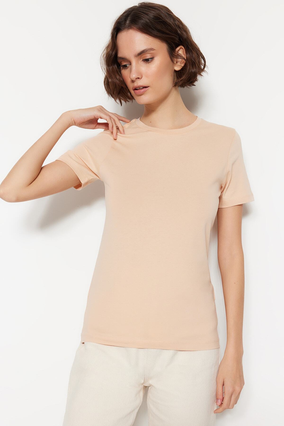 Trendyol Collection-Кафяво-бежова 100% памучна трикотажна тениска с кръгло деколте TWOSS20TS0141 10