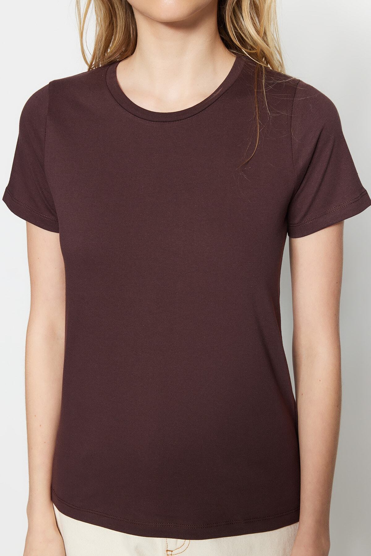 Trendyol Collection-Кафяво-бежова 100% памучна трикотажна тениска с кръгло деколте TWOSS20TS0141 4