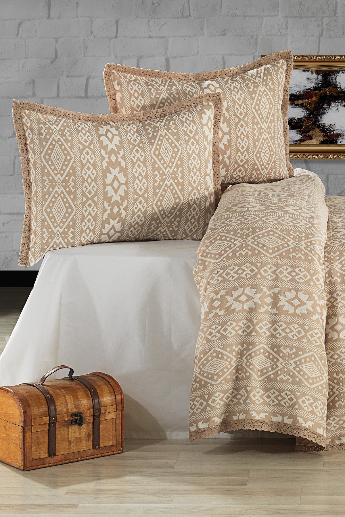Evlen Home Collection Pamuklu Noir Çift Kişilik Pike Takımı Yatak Örtüsü (3 Parça) Bej 2