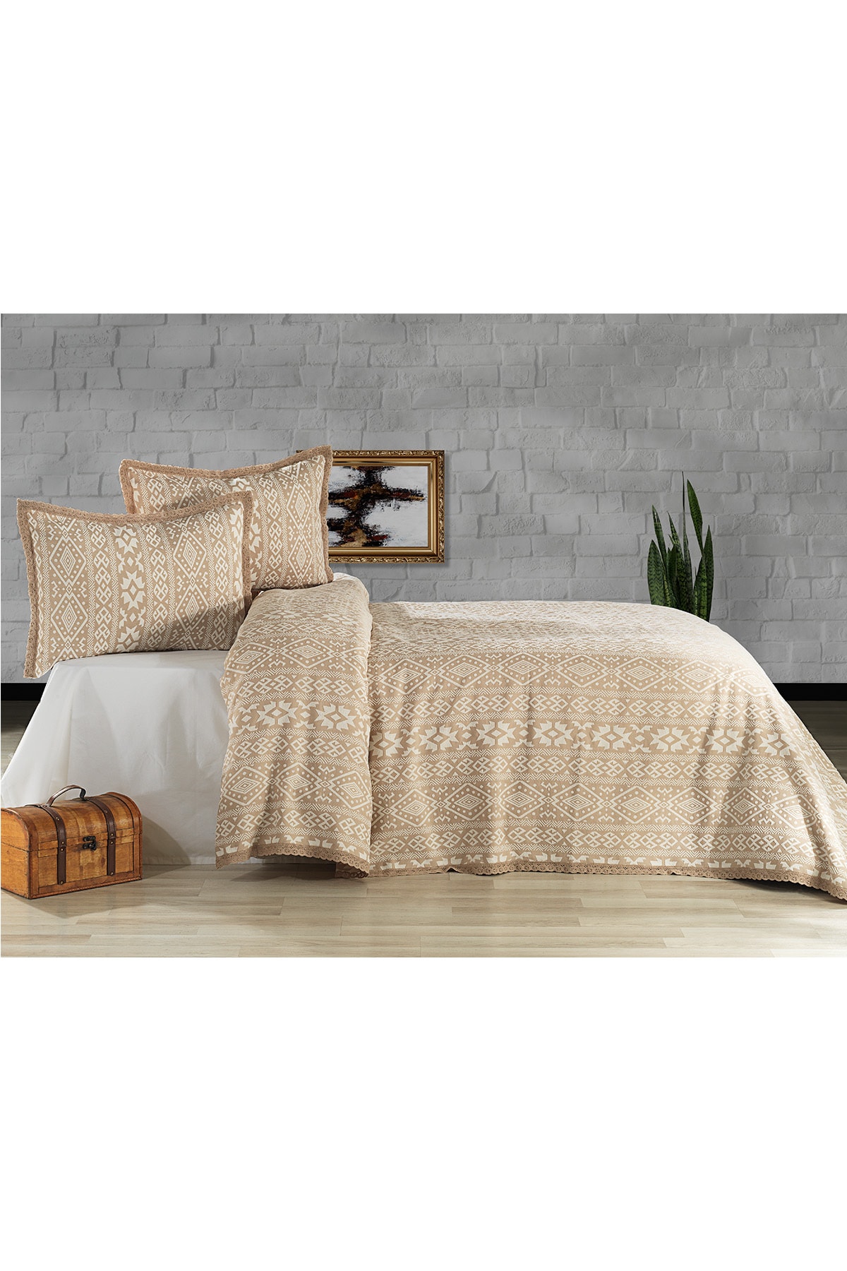 Evlen Home Collection Pamuklu Noir Çift Kişilik Pike Takımı Yatak Örtüsü (3 Parça) Bej 4