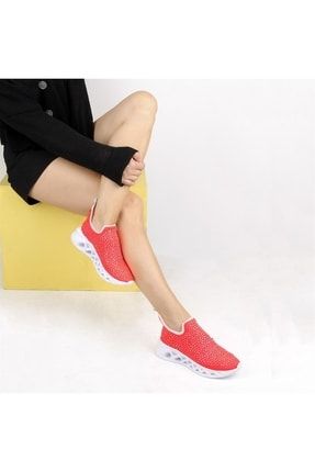 Moxee - Nar Çiçeği Renk Bağcıksız Taşlı Kadın Sneaker 295-9005 R5 NARÇİÇEĞİ NEON STONE