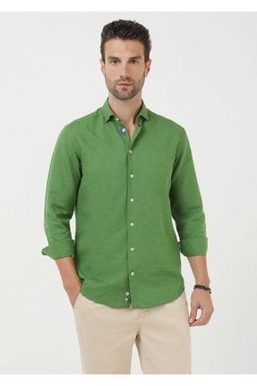 Yeşil Düz Regular Fit Dokuma Casual Pamuk Karışımlı Gömlek 156649
