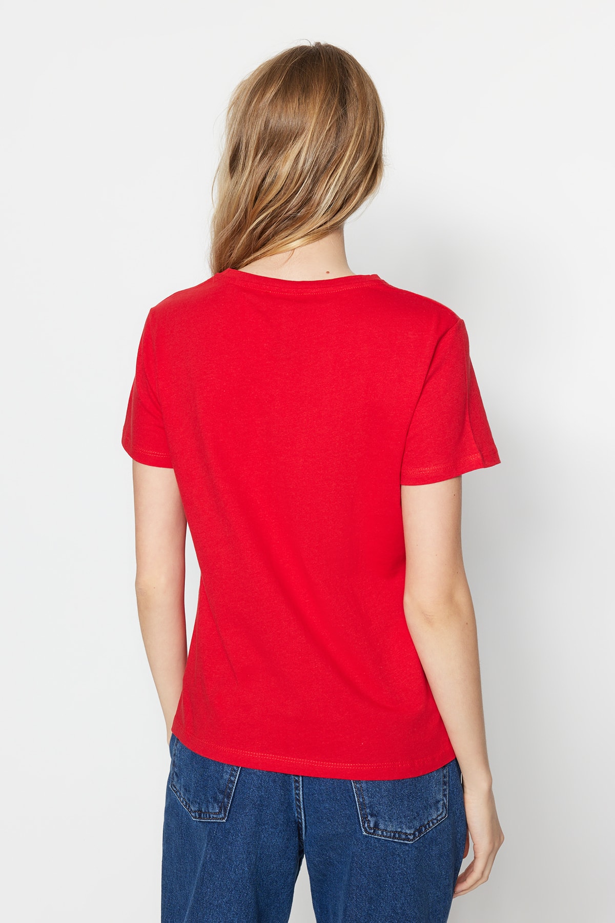 Trendyolmilla  Kırmızı-Kırmızı Çizgili 2'li Paket Basic Bisiklet Yaka Örme T-Shirt TWOSS20TS0141 - Görsel 8