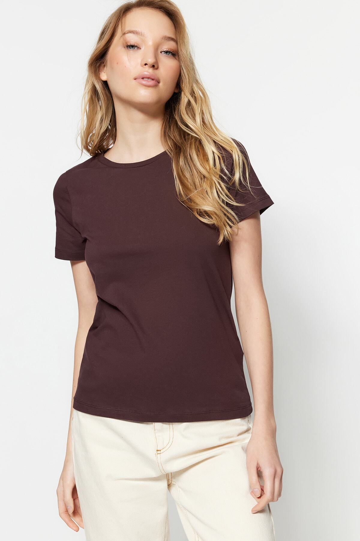 Trendyol Collection-Кафяво-бежова 100% памучна трикотажна тениска с кръгло деколте TWOSS20TS0141 2