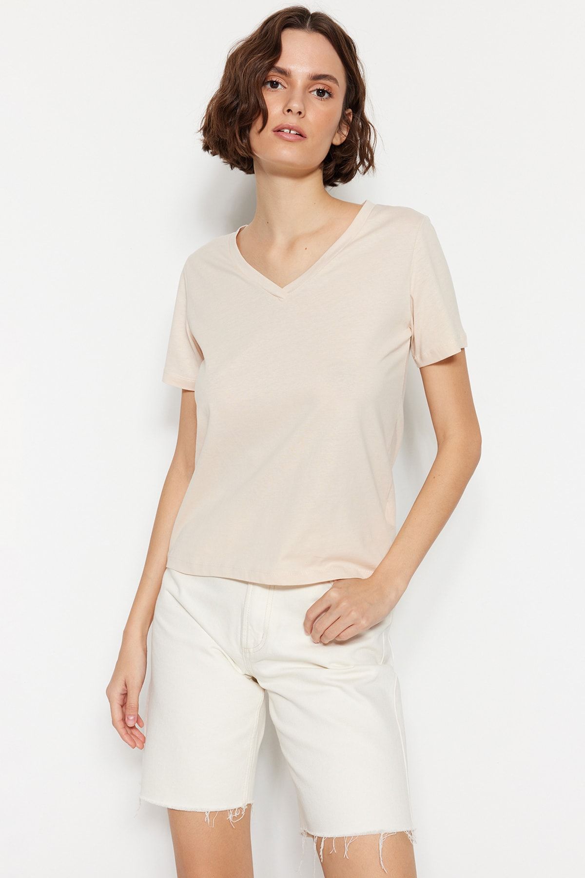 Trendyol Collection-Khaki-Beige, 100 % Baumwolle, 2er-Pack Basic-Strick-T-Shirts mit V-Ausschnitt TWOSS23TS00002 6