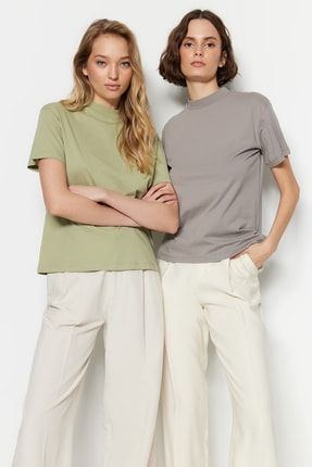 Yağ Yeşili Ve Gri Dik Yaka 2'li Paket Basic Örme T-Shirt TWOSS20TS1500
