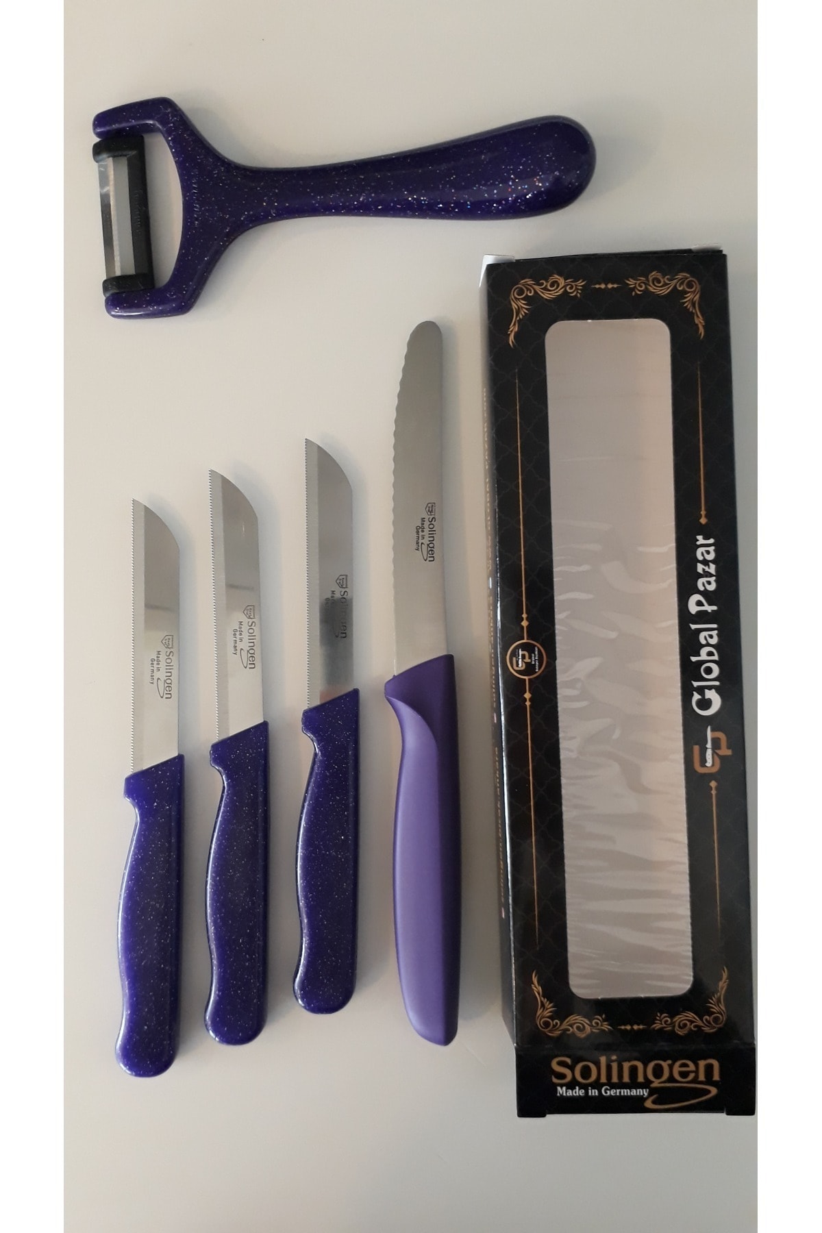 Solingen 3 Simli Mor Meyve Bıçağı Topuz Saplı Yan Soyacak Ve Mikro Tırtıklı Doğrama Bıçağı Seti