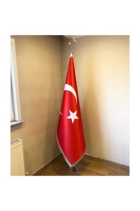 Krom Direkli Simli Saten Kumaş Türk Makam Bayrağı Seti 225 cm FRS018