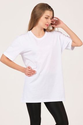Kadın Beyaz Bisiklet Yaka Kısa Kollu Basic T-shirt %100 Pamuk 21083