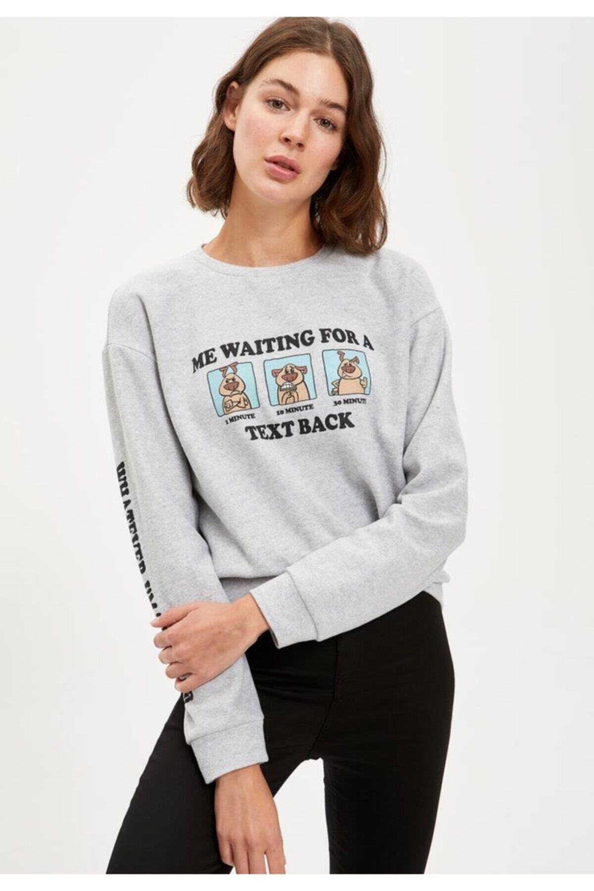 DeFacto-Women's Gray Leisure Themed Regular Fit Crew Neck Long Sleeve Sweatshirt S1157Az20Au 1