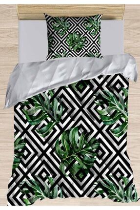 Siyah Beyaz Ogee Yeşil Yapraklı 3d Desenli Tek Kişilik Mikrofiber Yorgan Uyku Seti Ossotekciyor56