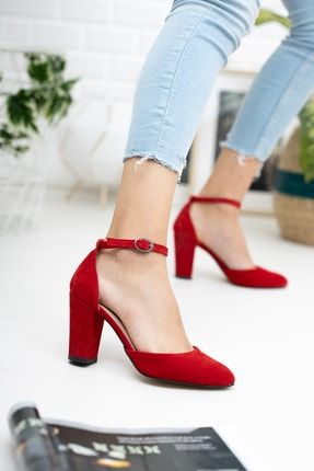 Kırmızı Süet Bilekten Bağlı Kalın Topuklu Kadın Ayakkabı 00939