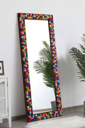 Doğal Ağaç Renkli Ponponlu Ceviz Çerçeve Salon Ofis Mutfak Duvar Konsol Boy Aynası 58x148 Cm PONPON-AYNA-BUYUK