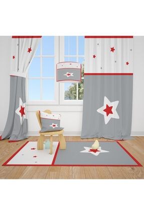 2 Kanat Kırmızı Şerit Ve Yıldızlar Çocuk Bebek Odası Perdesi Fon Perde 2CFP208