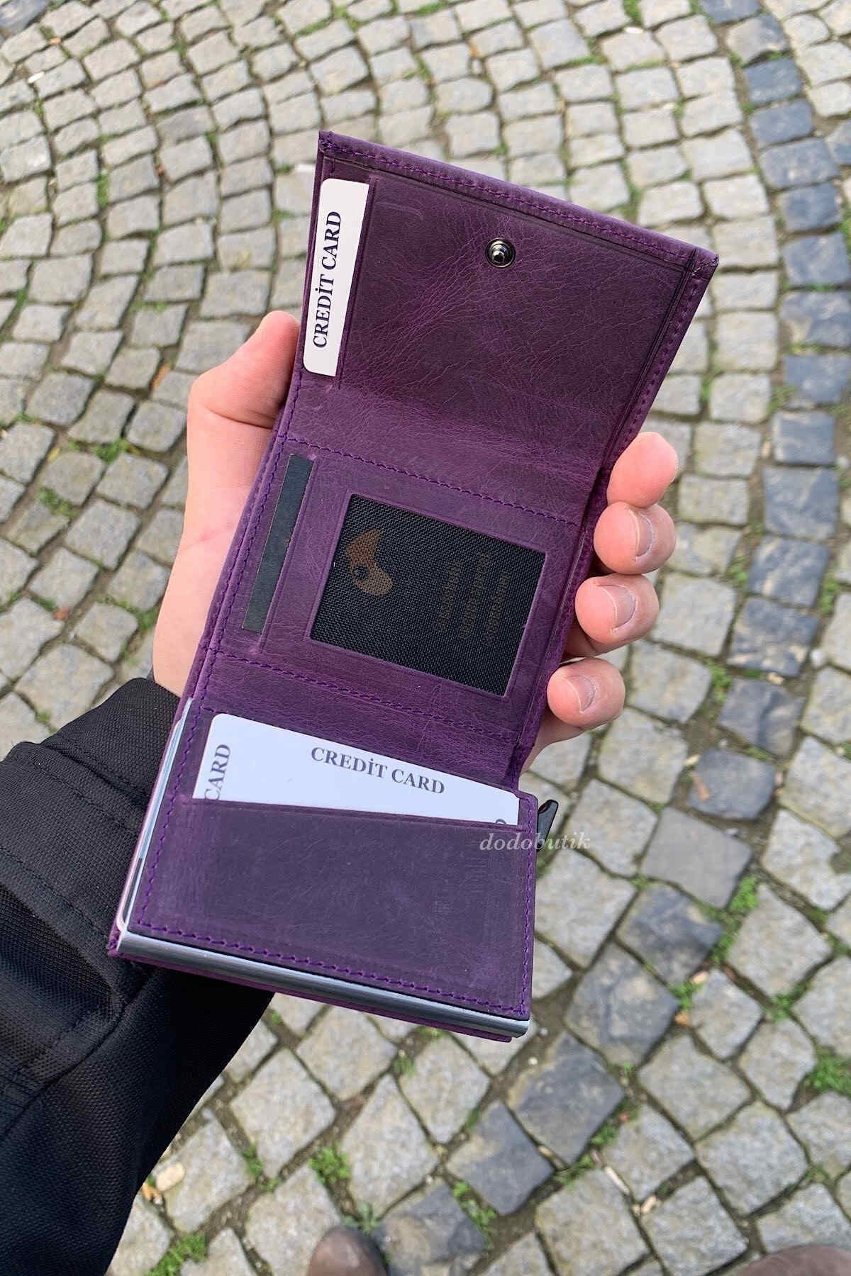 Unisex Purple Genuine Leather Mechanism Wallet