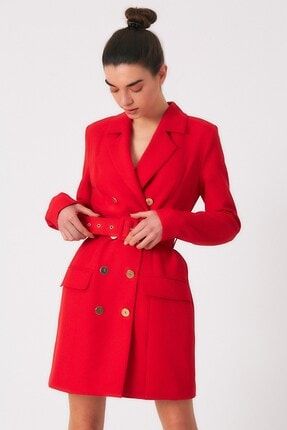 Kadın Kırmızı Kemer Detaylı Cepli Ceket Elbise D88218-107