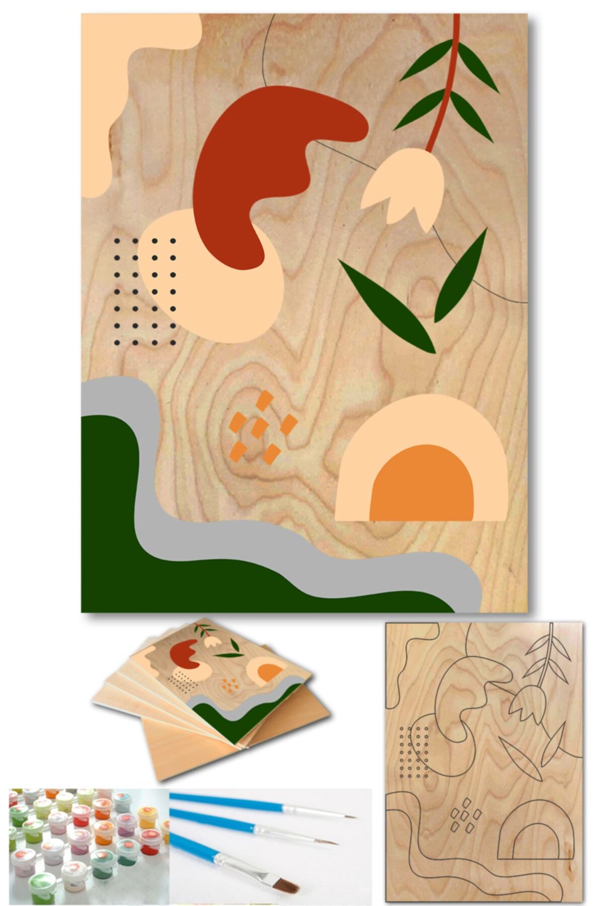 Lapis Home Decor Minimalist Yapraklar Tablo Sayılarla Ahşap Boyama Hobi Seti 35x50 cm 3'lü VB10523