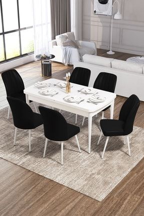 Vera Mdf Beyaz Mutfak Masası Takımı 6 Siyah Sandalye RVN02VERABYZ