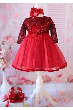 Kız Bebek Kırmızı Siyah Renk Dantelli Kadife Detaylı Zarif Elbise Seti BT569