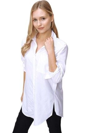 Kadın Beyaz Tek Cep Yan Yırtmaç Detay Gömlek 20-2KB0008