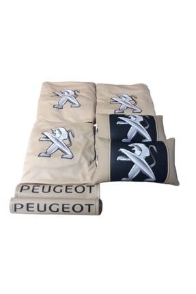 Peugeot Bej Penye Servis Kılıfı,2 Adet Deri Kemerlik Ve Lüks Deri Boyun Yastığı 6PEUSDD