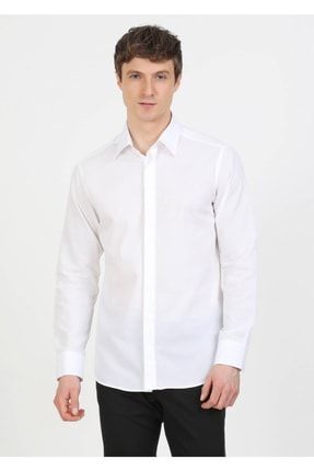 Beyaz Slim Fit Dokuma Klasik %100 Pamuk Gömlek 154322
