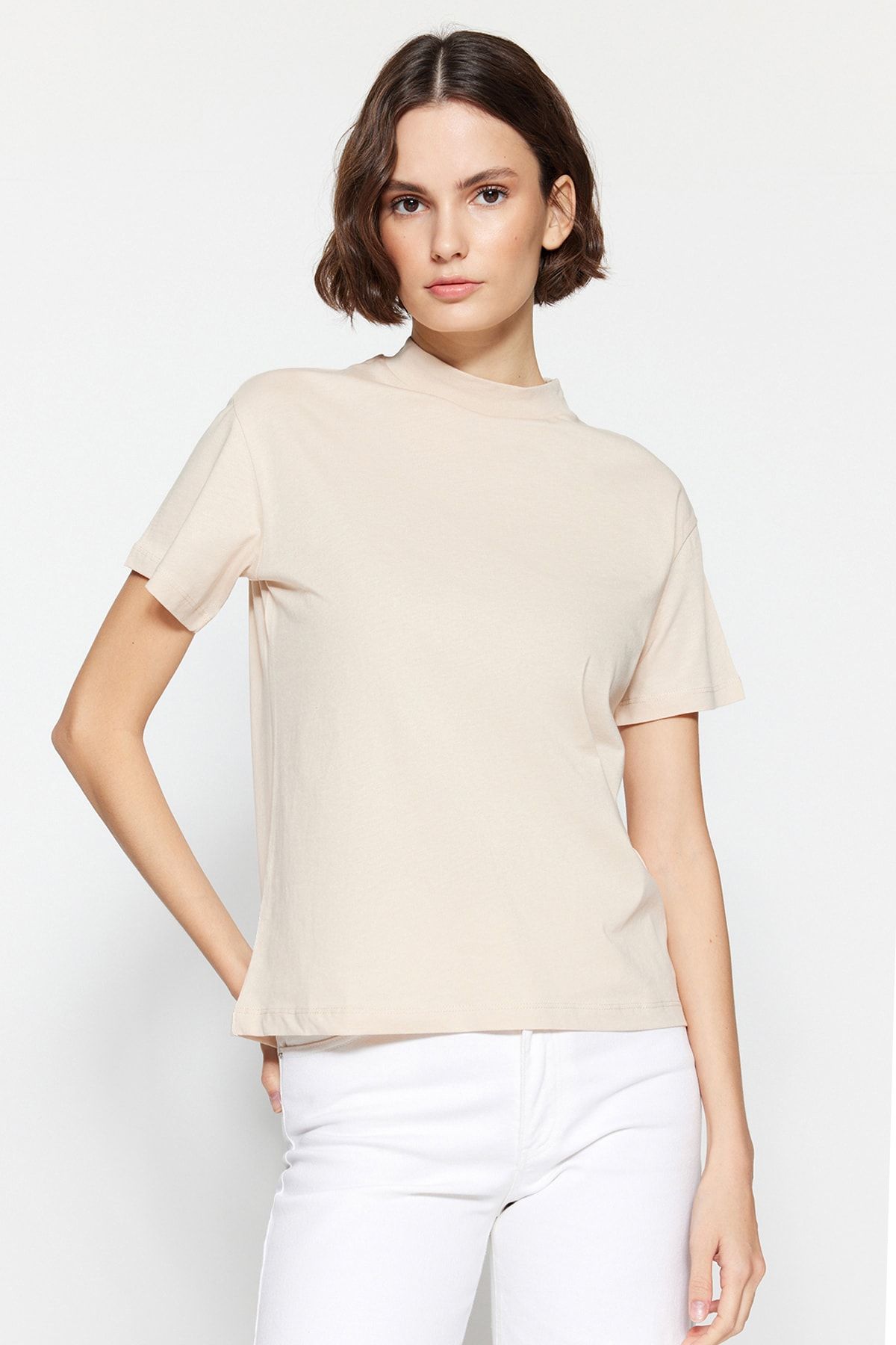Trendyol Collection-Beige-Mink 2 Pack 100% Cotton Basic High Collar Knitted T-Shirt TWOSS20TS1500 4