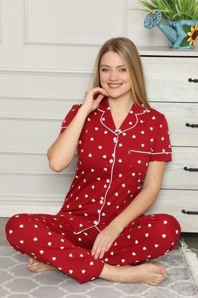 Kadın Gömlek Yaka Önden Düğmeli Kısa Kol Pamuk Pijama Takımı 2560KY