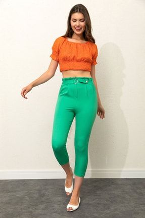 Kadın Yeşil Lastikli Pileli Beli Tokalı Dar Paça Kumaş Pantolon P-2004
