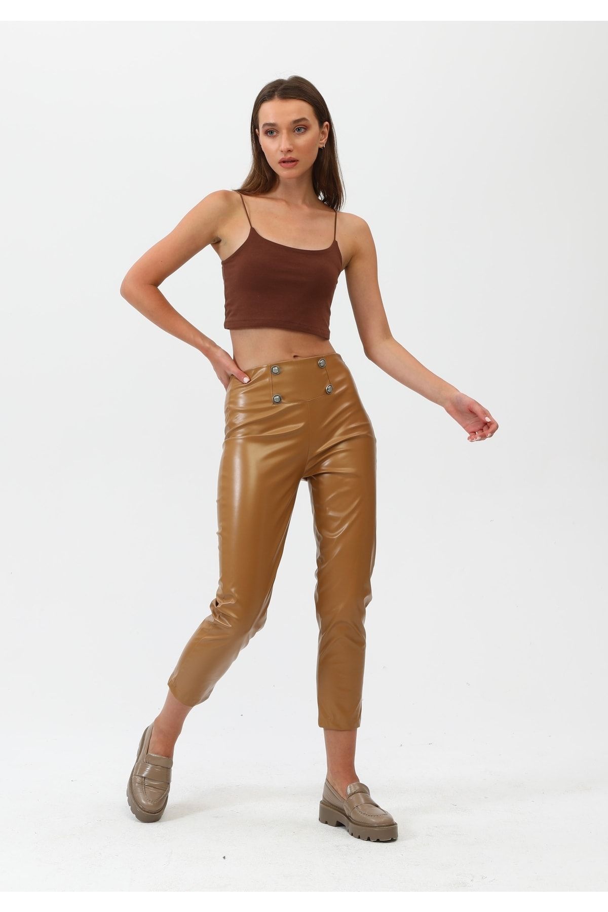 OUZ Fashion-Women's Faux Leather Four Button Pants 4
