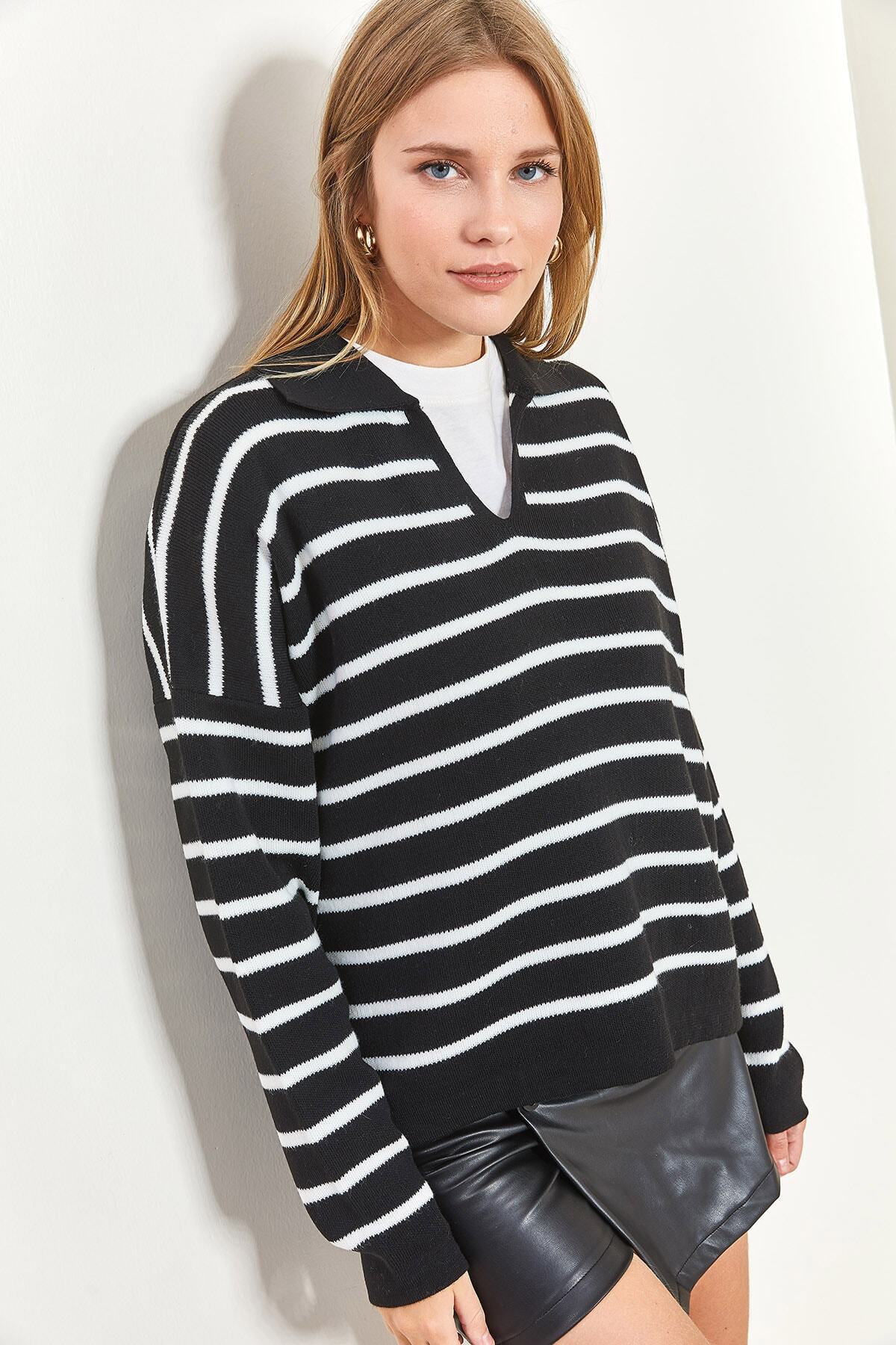 Bianco Lucci-Schwarzer Oversize-Strickpullover mit gestreiftem Polokragen für Damen 4
